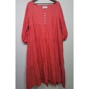Fabulous! Womens XL 2X Red Linen Tiered Babydoll Midi Dress